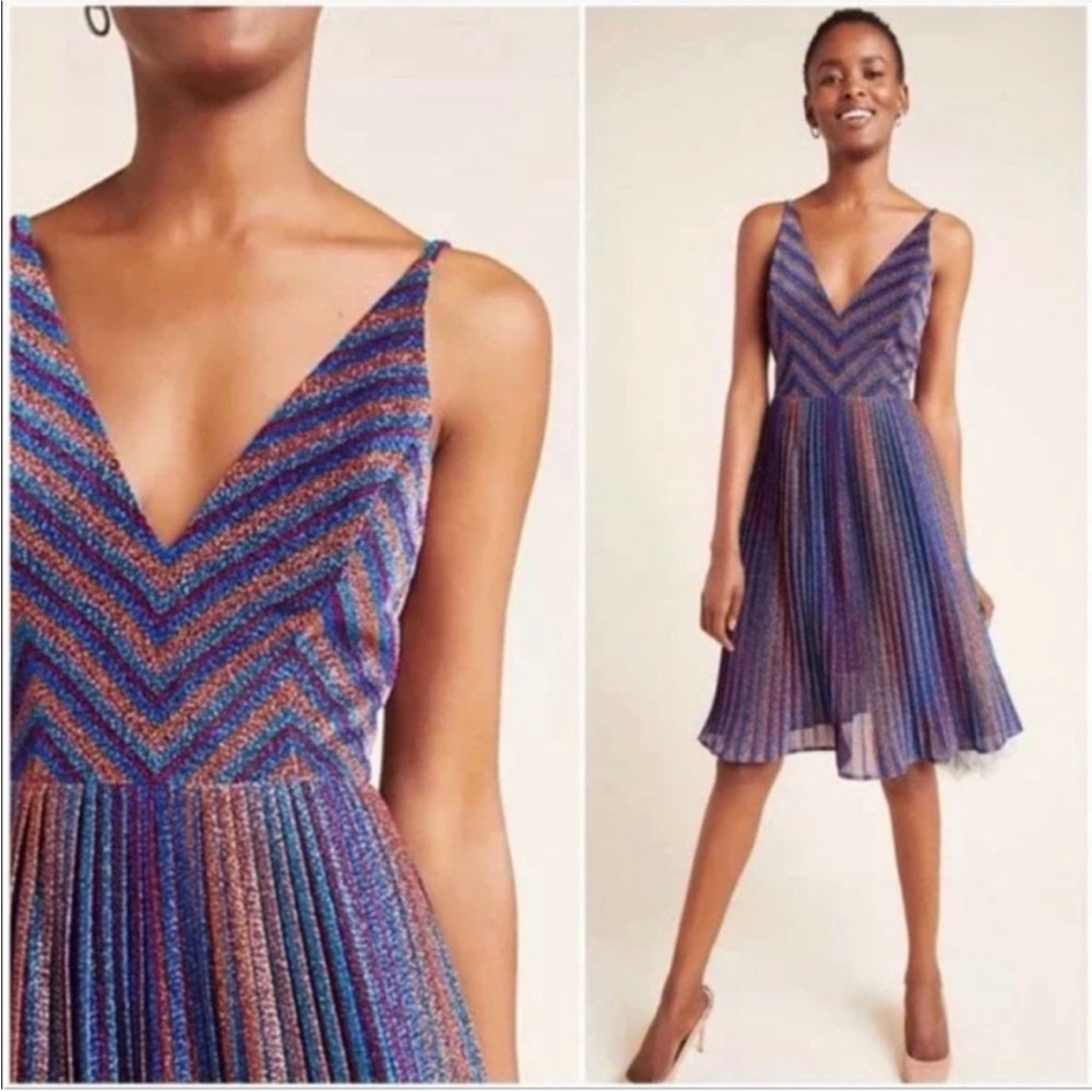 NWT Dress the Population Haley Metallic Stripe V-neck Cocktail Dress - Picture 4 of 16